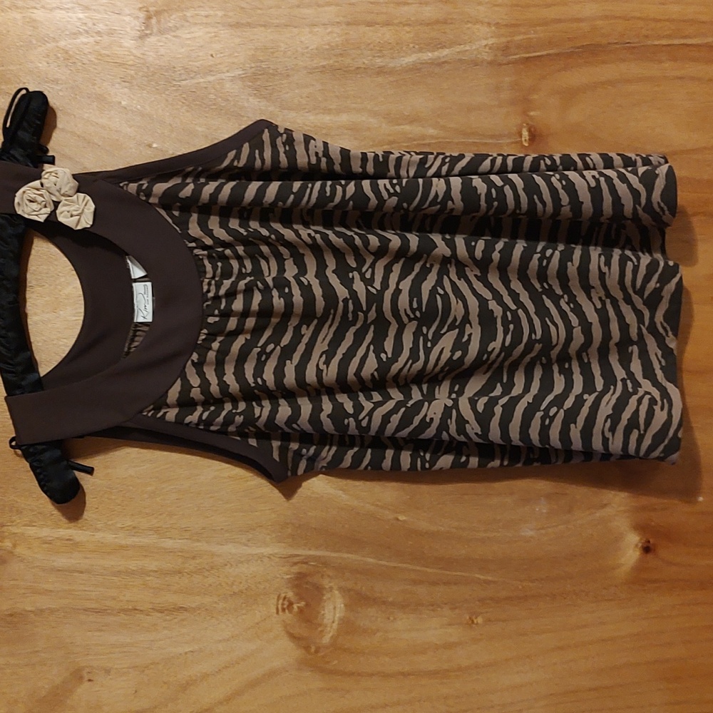 Kim Rogers Animal Print Tank Brown Tan Cloth Flower Detail Shirred Scoop Neck 1X